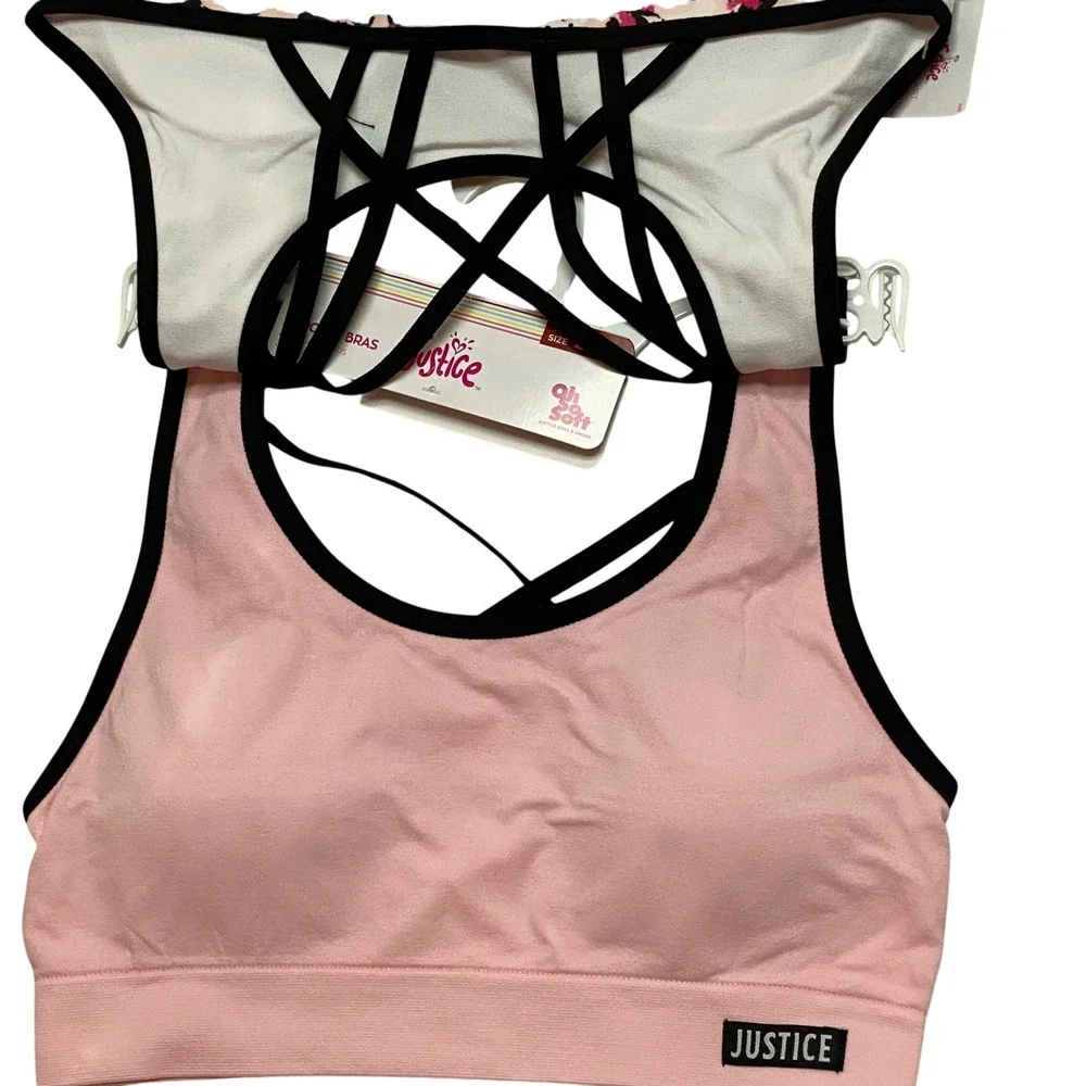 Justice Girls 2 Pack Sports Bras Size 32 Leopard Pink Strappy Back‎ Seamless NWT